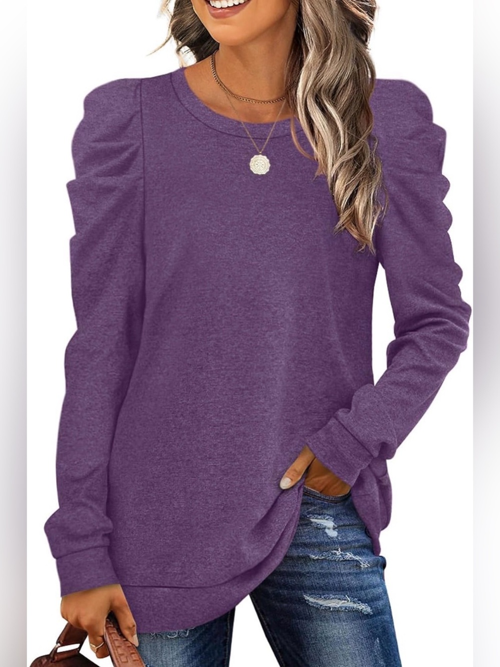 Purple Puff-Sleeve Crewneck Long Sleeve Top